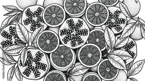 Orange fruit slice pattern with hand drawn citrus leaves in vintage woodcut style