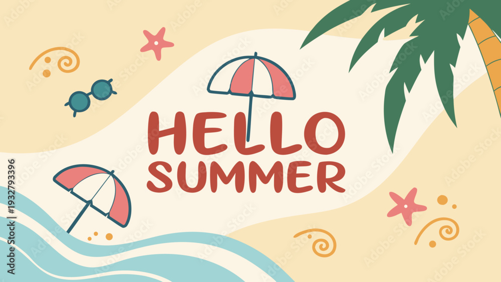 Naklejka premium Hello summer beach scene with umbrellas and palm tree