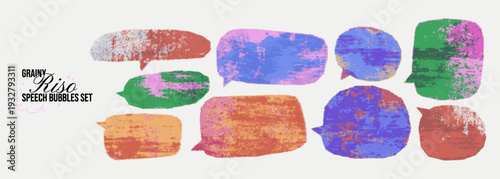 Halftone risograph speech bubbles with distressed overlay texture. Grainy ink dotted effect. Colorful background with place for text in graffiti street style. Vintage urban stencil print.