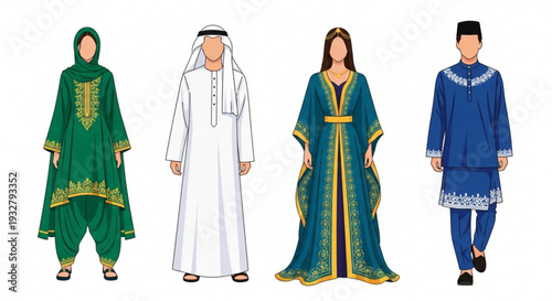 Traditional middle eastern and north african attire for men and women in green blue and white with gold accents cultural fashion clothing
