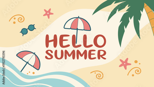 Hello summer beach scene with umbrellas and palm tree