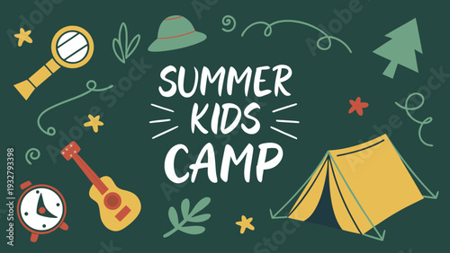 Summer kids camp illustration with tent guitar and magnifying glass on green background