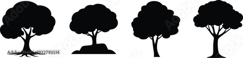 Tree silhouette set with different canopy shapes, black nature and forest plant icons isolated on white background, simple flat botanical vector illustration