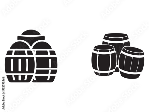 Blackandwhite illustration of wooden barrels stacked in two different arrangements on white background for storage or shipping concepts