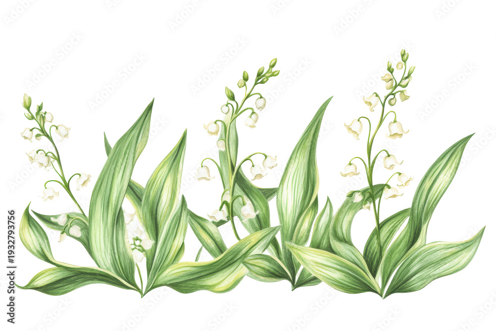 Fototapeta premium Lily of the valley flowers and leaves isolated on transparent background. Lily of the valley isolated on white background