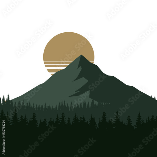 Stylized illustration of a mountain range with a forest in the foreground and a sun setting behind the peak.