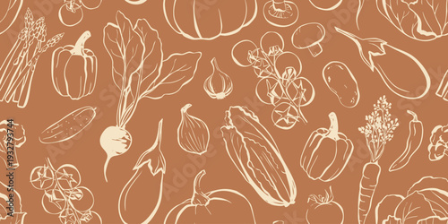 Vegetable line art illustration background, botanical seamless pattern with hand drawn food
