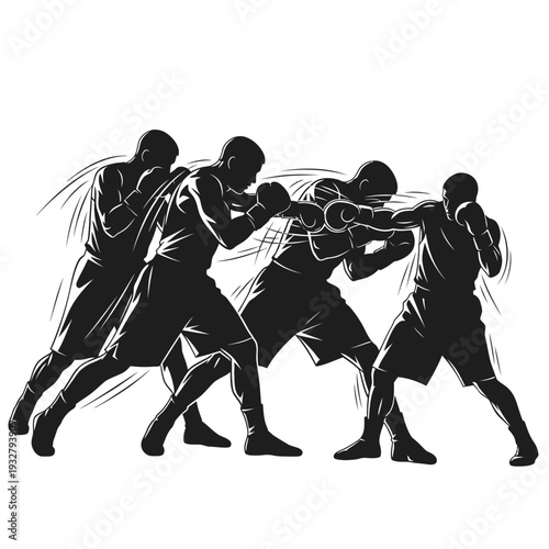 Silhouettes of boxers in motion, illustrating a sequence of punches and defensive movements during a fight.
