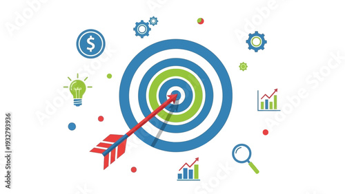Business strategy and goal achievement with a bullseye target and arrow, surrounded by icons representing finance, ideas, and growth.
