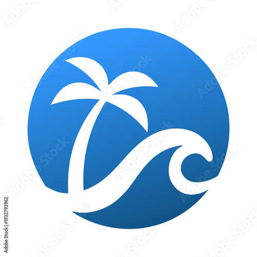 Logo agencia de viajes. Vacaciones de verano. Dibujo sencillo con siluetas de un paisaje con la palma y ola de mar en círculo