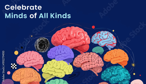 Vibrant brains in various colors and styles on dark blue background