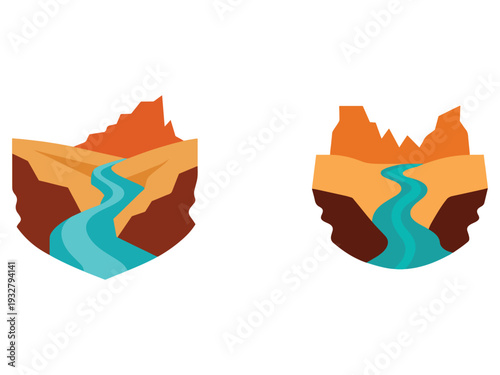 Cartoon canyon landscape with river and cliffs  scenic natural formation  illustration