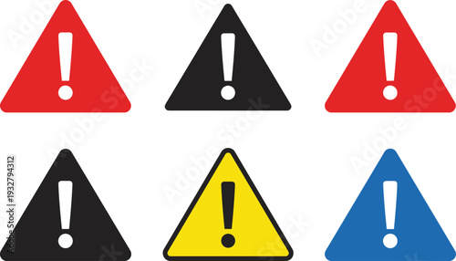 Warning icons set with exclamation mark in colorful triangles including red, yellow, blue, and black for safety alert and web interface.
