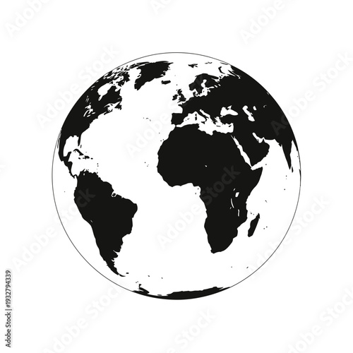 Stylized black and white illustration of planet Earth showing continents and oceans.