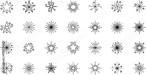 Set of four minimalist snowflake outline icons, black winter frost symbols, symmetrical geometric ice crystals, isolated vector elements for holiday design.