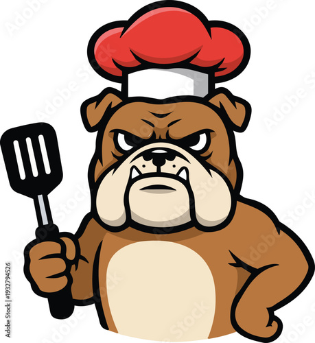 Grumpy Bulldog Wearing a Red Chef Hat Holding a Spatula