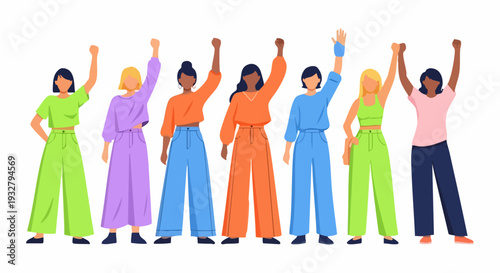 Diverse Group of 7 Women Raising Fists in Protest Vector