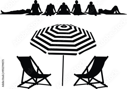 Beach Vacation Silhouette Vector Set with People Sunbathing on Towels, Striped Patio Umbrella, and Folding Deck Chairs, Summer Resort Travel Graphics