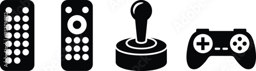 Remote control, joystick and gamepad silhouettes set, black gaming controller and entertainment device icons isolated on white background, simple flat vector illustration