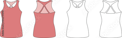 Women tank top template set in front and back view. Sleeveless athletic shirt design with racerback strap detail. Clean flat vector illustration for fashion catalog and activewear branding.