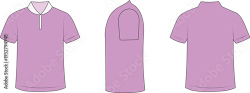 Men polo shirt template in front, side, and back view. Classic short sleeve design with collar and button placket detail. Clean flat vector illustration for fashion catalog and retail branding.