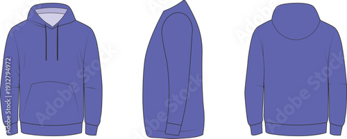 Men hoodie sweatshirt template in front, side, and back view. Casual pullover design with drawstring hood and kangaroo pocket. Clean flat vector illustration for fashion catalog and streetwear brandin