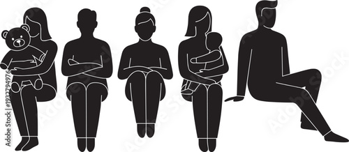 Family members sitting silhouettes with teddy bear and baby, parenting and childcare concept illustration