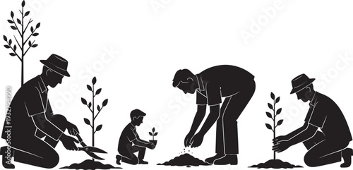 Family tree planting silhouette vector, environmental conservation gardening teamwork and eco friendly lifestyle concept