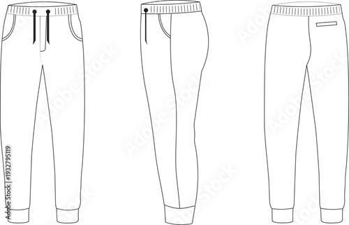 Men sweatpants outline template in front, side, and back view. Athletic jogger design with elastic waistband and cuff detail. Clean line art vector illustration for fashion catalog and sportswear bran