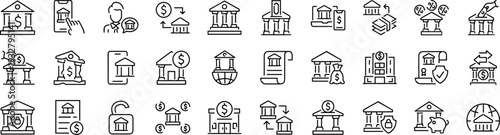 Banking line art icons set featuring financial buildings, online mobile banking, money transfers, investment security, and global currency exchange, black vector finance illustrations.