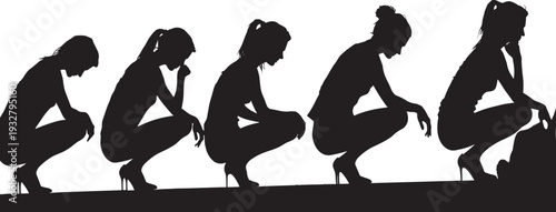 Fashion model squatting poses silhouette vector, stylish female figure collection isolated black illustration set