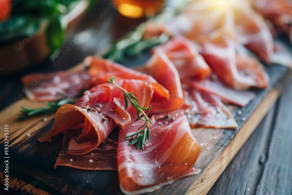 Naklejka premium Thin slices of flavorful dry cured ham seasoned with rosemary and spices, served on a rustic wooden board, create an enticing appetizer