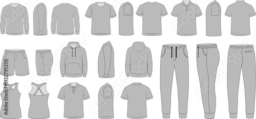 Gray men clothing silhouette collection isolated on light background. Casual and athletic apparel template set for fashion design projects. Clean flat vector illustration for catalog layout and retail