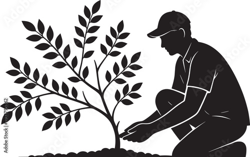 Gardener caring for growing tree silhouette, environmental protection and sustainable gardening concept illustration