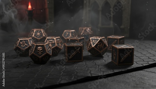 Collection of intricately designed custom metal polyhedral dice for fantasy tabletop roleplaying games, arranged on a dark textured surface.