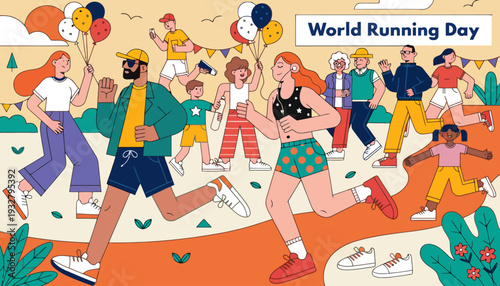 People running together on World Running Day in a colorful illustration