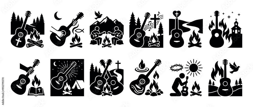 Obraz premium Set of Christian worship icons featuring acoustic guitars, campfires, crosses, nature, and fellowship scenes in a black silhouette style isolated on a white background