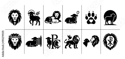 Christian symbols set with lion and lamb icons representing Jesus Christ, including the cross, crown of thorns, and Chi Rho in a black and white vector silhouette style collection