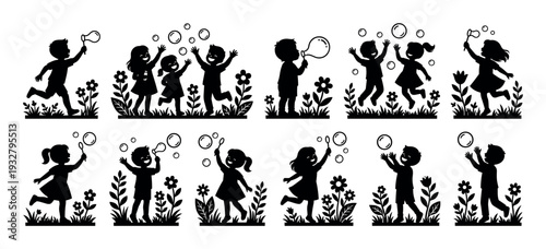 Black silhouette collection of happy children playing with soap bubbles, running and jumping among flowers in a summer meadow, a joyful vector graphic set isolated on white