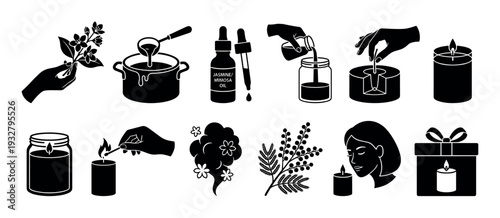 Handmade scented candle making icon collection showing the DIY process with wax, essential oils, and flowers, isolated on a white background