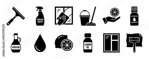 Set of black glyph icons representing natural cleaning and household chores, including squeegee, mop, vinegar, lemon, and spray bottle, in a simple vector style isolated on white