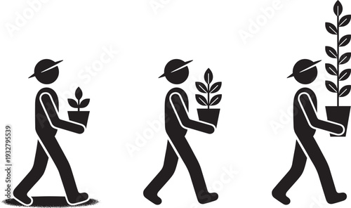 Gardener carrying potted plants silhouette set, plant delivery service vector illustration isolated on white background