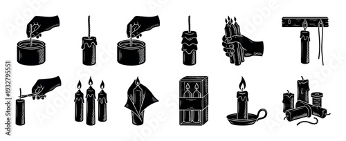Black and white candle making icon set showing the handmade craft process from dipping wicks in wax to lighting the finished product, isolated on a white background