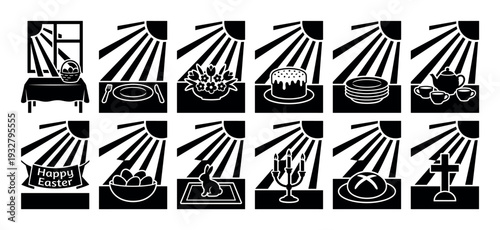 Set of black and white Easter icons featuring traditional holiday symbols like a cross, eggs, bunny, cake, and a festive meal, presented in a simple graphic silhouette style on white