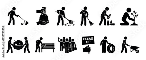 Set of black pictogram icons showing people cleaning up trash, recycling, planting trees, and volunteering for community environmental work isolated on a white background