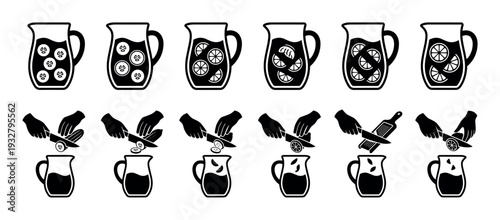 Black icon set for making infused water showing pitchers and hands slicing lemon, cucumber, and orange for detox drinks, isolated on a white background