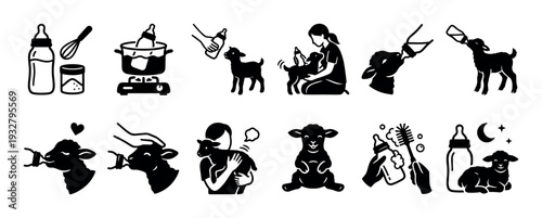 Black silhouette icon set showing bottle-feeding baby farm animals like lambs and goats, depicting the process of care, milk preparation, and nurturing, isolated on a white background
