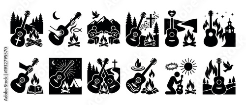 Set of Christian worship icons featuring acoustic guitars, campfires, crosses, nature, and fellowship scenes in a black silhouette style isolated on a white background