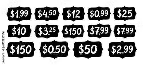 Fourteen black hand-drawn price tags with various dollar amounts and a dollar sign, displayed in a rustic chalky style on a clean white background