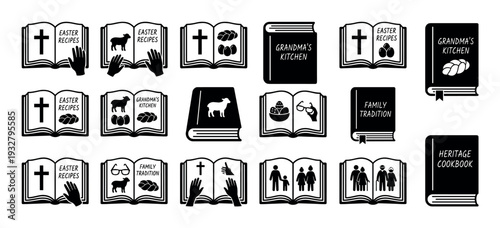 Collection of black and white book icons representing family traditions, heritage cookbooks, and Easter recipes with religious symbols isolated on a white background